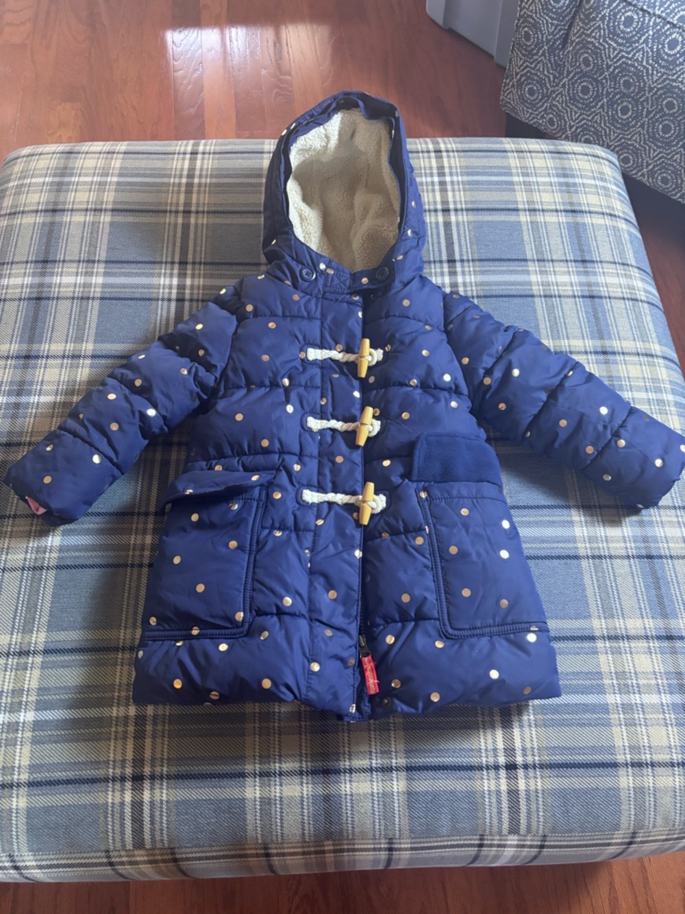 Boden Kids Gold Polka Dot Navy Puffer Jacket College Navy Foil Spot